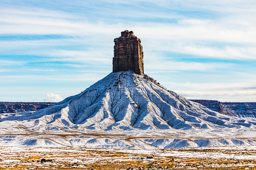 Unique rock formation covered in snow in the mid-west USA