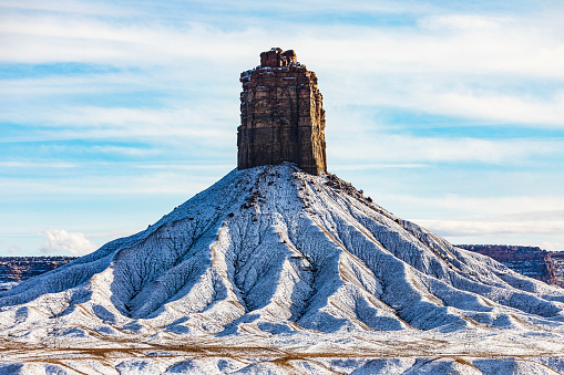 Unique rock formation covered in snow in the mid-west USA