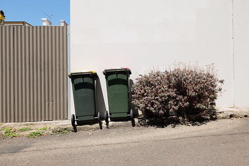 Pair of green plastic garbage bins beside a wall on a sunny day.