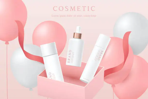 Vector illustration of Cosmetics and skin care product ads template in pink gift gift box with ribbon and balloons.