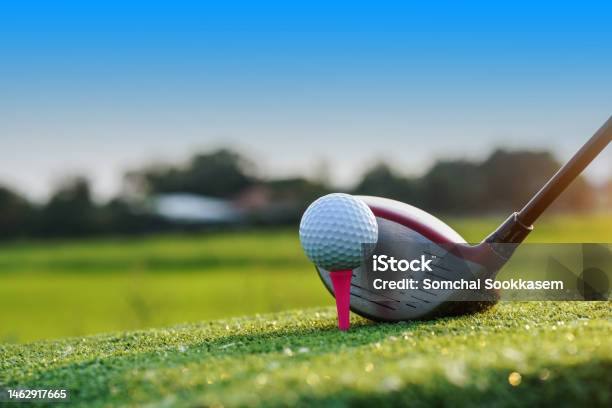 Golf Balls On The Golf Course With Golf Clubs Ready For Golf In The First Short Stock Photo - Download Image Now