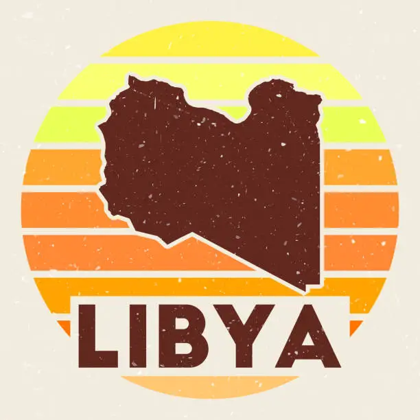 Vector illustration of Libya logo. Sign with the map of country and colored stripes, vector illustration. Can be used as insignia, logotype, label, sticker or badge of the Libya.