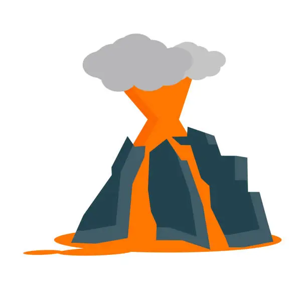 Vector illustration of Erupting volcano and flowing lava. Vector.