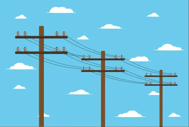 Vector illustration of a wooden pole with high voltage wires on sky background vector illustration of electrician