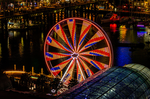 Amazing pattern revealed from the flashing lights on the spokes of a ferris wheel when taken over a long exposure at night time.