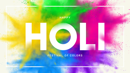 Happy holi festival banner. Abstract explosions of colorful powders. Vector illustration for decoration of Holi event. Template of design for branding cover, card, poster or banner.