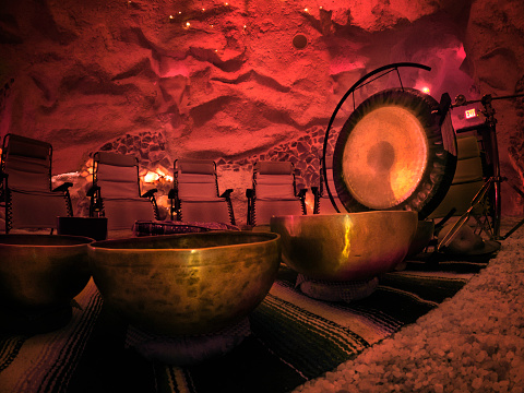 Singing bowls and gong for Sound Meditation at Pomona Salt Cave and Spa, White Sulphur Springs, WV, West Virginia, USA