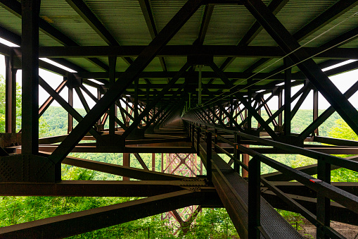 Cor-ten steel construction underbelly of the New River Gorge Bridge that is the world's longest single steel span of 1700 ft and 3,030 ft long, Fayetteville, West Virginia, USA.