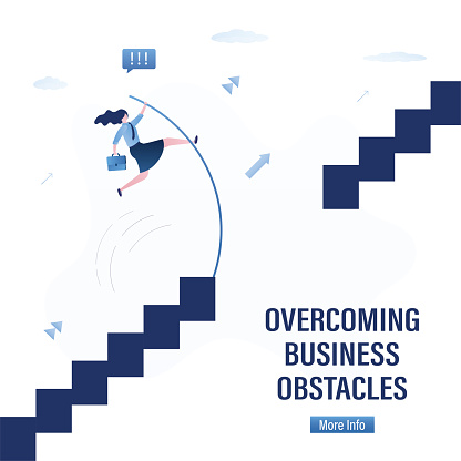 Confident businesswoman pole vaulting cross over financial gap. Strong woman jumps over stairway with pole. Way forward overcoming obstacles, discrimination or mental problems. Vector illustration