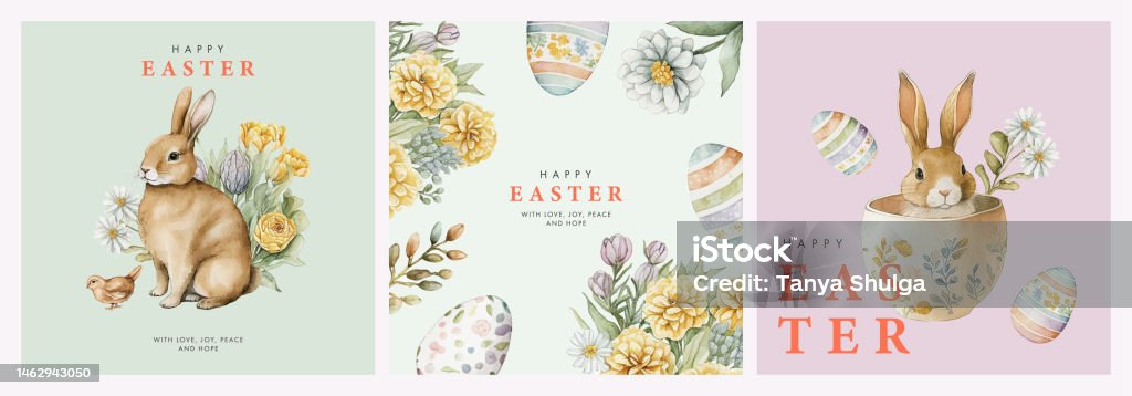 Happy Easter watercolor cards set with cute Easter rabbit, eggs, spring flowers and chick in pastel colors on light green, soft pink and white background. Isolated Easter watercolor decor elements - Royaltyfri Påsk vektorgrafik