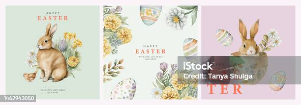 Happy Easter Watercolor Cards Set With Cute Easter Rabbit Eggs Spring Flowers And Chick In Pastel Colors On Light Green Soft Pink And White Background Isolated Easter Watercolor Decor Elements-vektorgrafik och fler bilder på Påsk