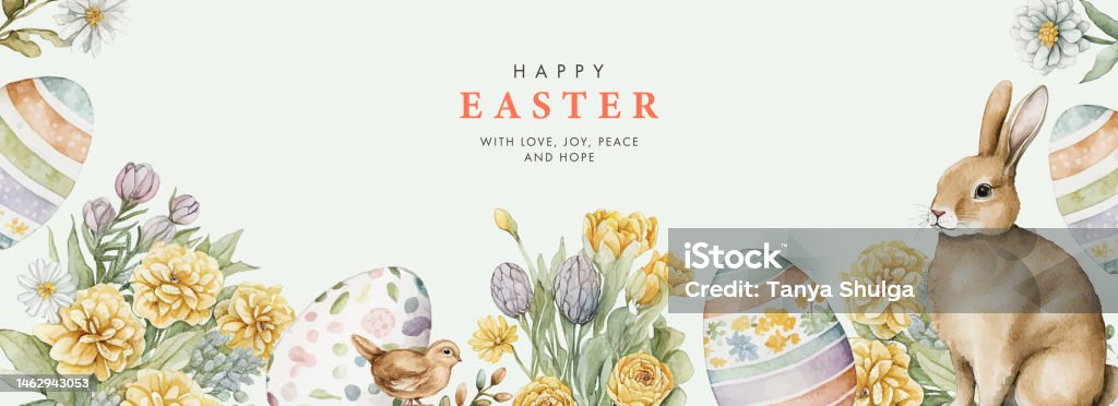 Happy Easter watercolor card, banner, border with cute Easter rabbit, eggs, spring flowers and chick in pastel colors on light green white background. Isolated Easter watercolor decoration elements - Royaltyfri Påsk vektorgrafik