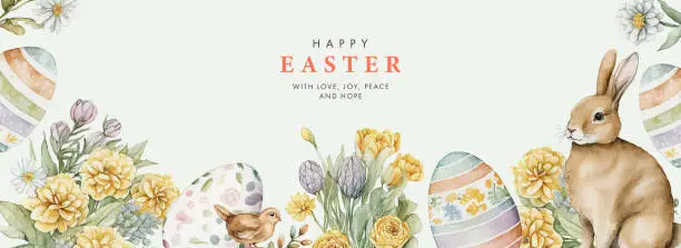 Vector illustration of Happy Easter watercolor card, banner, border with cute Easter rabbit, eggs, spring flowers and chick in pastel colors on light green white background. Isolated Easter watercolor decoration elements