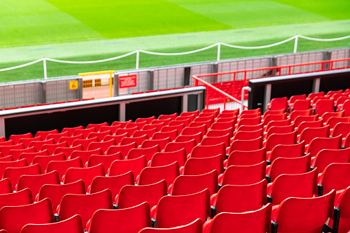 rows with red bucket seats in a stadium