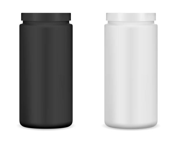 단백질 병. 단백질 파우더 실린더 용기, 보충제 - white black plastic packaging stock illustrations