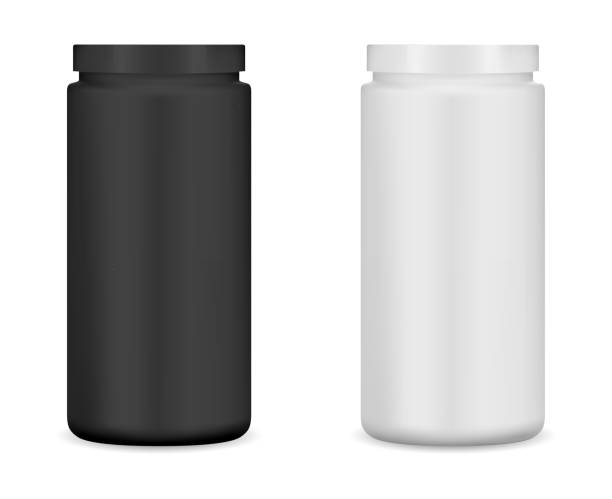 ilustrações de stock, clip art, desenhos animados e ícones de protein bottle. protein powder cylinder jar, supplement - white black plastic packaging