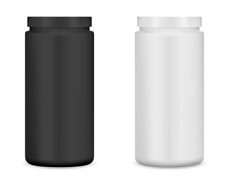 Protein bottle. Protein powder cylinder jar, supplement vitamin packaging blank, sport nutrition container template. Cylindrical sport nutrition tube, gainer glossy blackand white package set