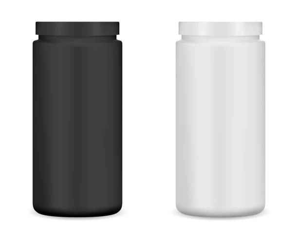 Protein bottle. Protein powder cylinder jar, supplement Protein bottle. Protein powder cylinder jar, supplement vitamin packaging blank, sport nutrition container template. Cylindrical sport nutrition tube, gainer glossy blackand white package set protein powder bottle stock illustrations