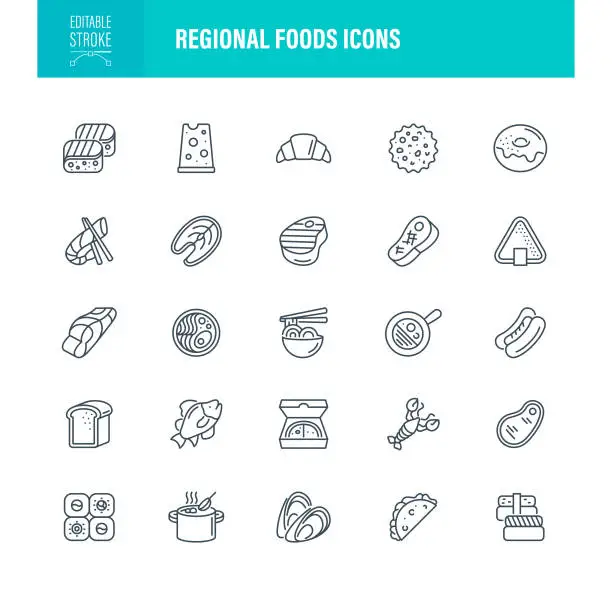 Vector illustration of Regional Foods Icons Editable Stroke