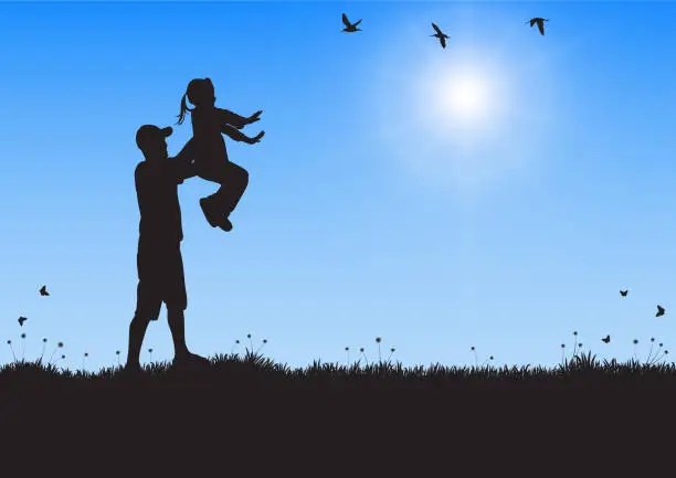 Vector illustration of Silhouette of father and daughter playing on grass field on sunrise  background vector illustration