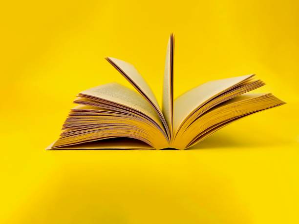 istock Old book laying on yellow paper Isolated gold background 1462960082