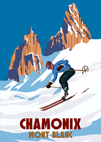 Vintage Travel poster Ski Chamonix resort. France winter landscape travel view, skier on the snow mountain, retro. Vector illustration
