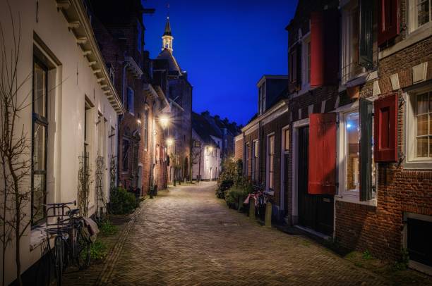 istock Narrow cobblestone alley between brick buildings in a town under blue evening sky 1462964247
