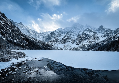 A vertical shot of a frozen lake surrounded by evergreen trees and rocky mountains covered in snow