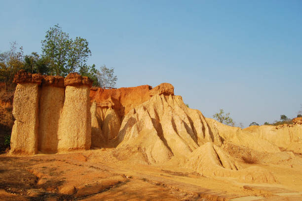 istock Formation pedestal mushroom rocks of Phae Mueang Phi Forest Park originated from soil landscape and natural erosion of sandstone into various shapes in Phi Pan Nam Range Mountain at Phrae, Thailand 1462966180
