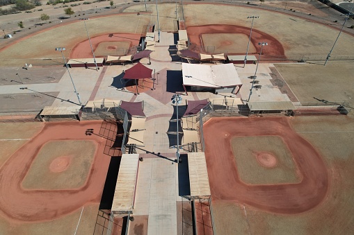 A top aerial scenic sunny view over Arizona baseball fields