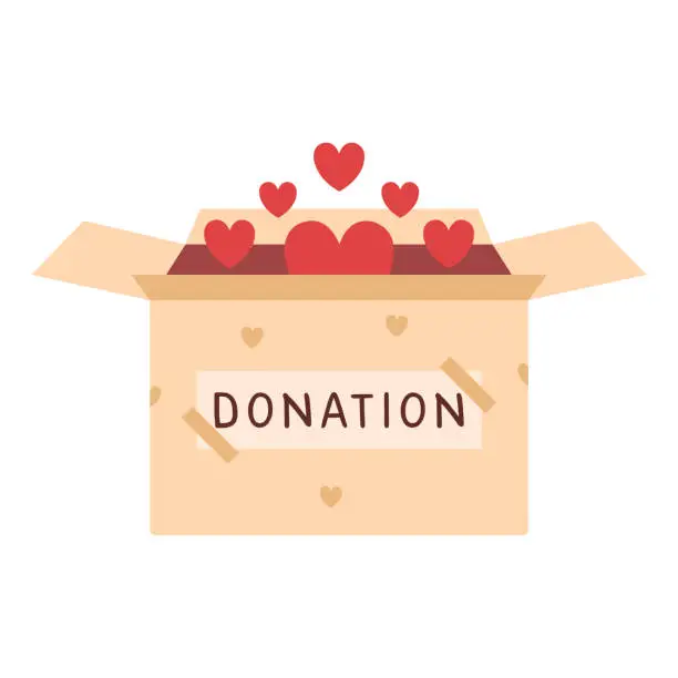 Vector illustration of Open box for donation with hearts.