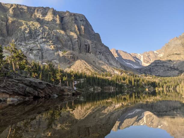 istock Calm lake reflecting the rocky mountains on a sunny day 1462969052