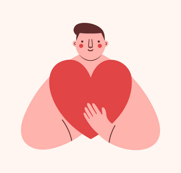 ilustrações de stock, clip art, desenhos animados e ícones de man volunteer with big heart in hands. humanism, charity conception. - humanism