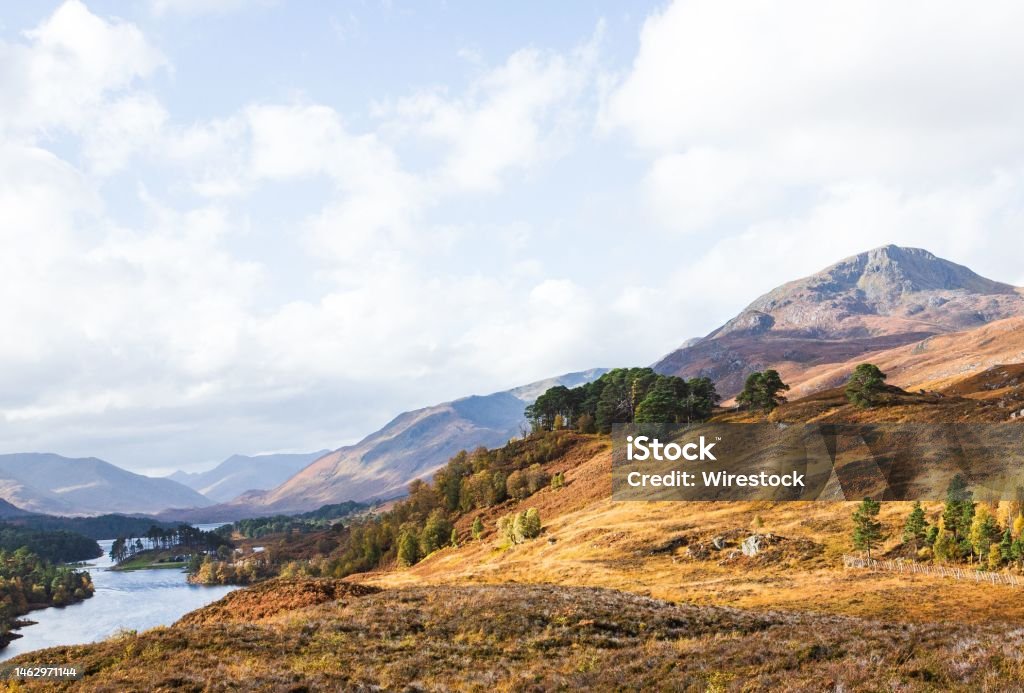 Hills and mountains around Glen Affric in the south-west Cannich village in the Scottish Highlands A scenic view of the hills and mountains around Glen Affric in the south-west Cannich village in the Scottish Highlands Beauty Stock Photo