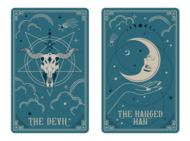 ilustraciones, imágenes clip art, dibujos animados e iconos de stock de cartas del tarot la muerte y el ahorcado, tarot celestial tarot tarot brujo básico - tarot-deck