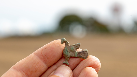 A closeup shot of Viking age bird fibula, intact, bronze