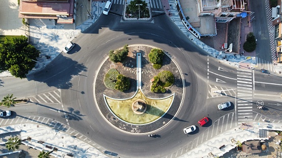 Guadalajara, Mexico - September 27 2020: Zenith view with a drone of the traffic on the Minerva traffic circle, Jalisco