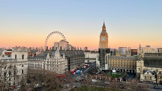 London, United Kingdom - Feb 21, 2018: London Eye in afternoon sun. The giant Ferris wheel is 135 meters tall and the wheel has a diameter of 120 meters.