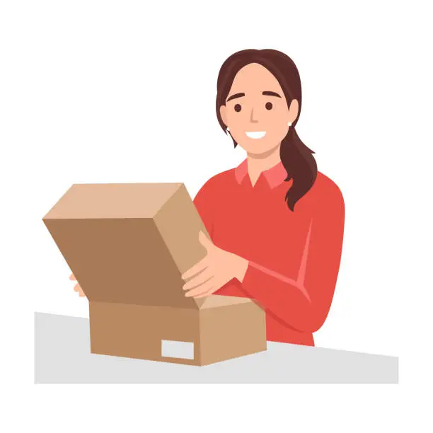 Vector illustration of Woman Opening Cardboard Parcel Box at Home. Happy Customer Receiving, Unpacking and Checking Order. Package Delivery Service and Shipment Concept. Flat vector illustration isolated on white background