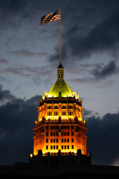 Mobile, Alabama, USA - May 12, 2024: Merchants National Bank Building is pictured in Mobile, Alabama. The 18-story building was constructed in 1929 in the Art Deco architectural style and was the first skyscraper built on the Gulf Coast. It is part of a mixed use development that will be known as Merchants Plaza.