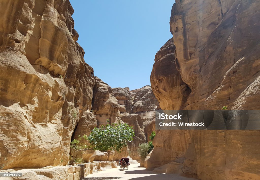 Beautiful view of Wadi Rum sandstone valley in Jordan under the clear blue sky A beautiful view of Wadi Rum sandstone valley in Jordan under the clear blue sky Aqaba Stock Photo