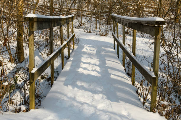 A small wooden bridge covered with snow