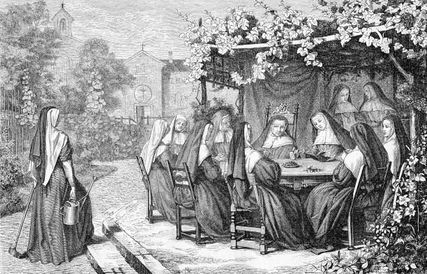 Nuns enjoy the warm weather sitting outside in cloister garden, vintage engraving