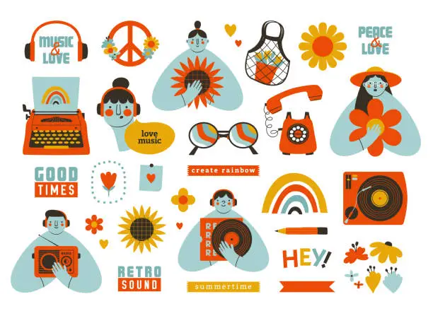 Vector illustration of Retro groovy cliparts with persons, typewriter, vinyl, peace symbol, flowers. 60's concept.