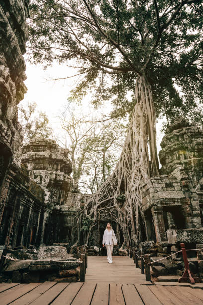 アンコールのタプローム寺院の古代遺跡を探索する旅行者 - ancient angkor wat footpath stone ストックフォトと画像