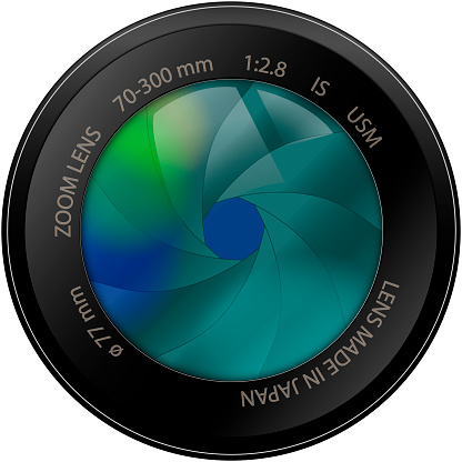 Reflex camera lens with visible aperture blades made in vector