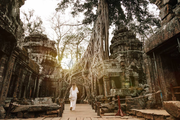 アンコールのタプローム寺院の古代遺跡を探索する旅行者 - ancient angkor wat footpath stone ストックフォトと画像