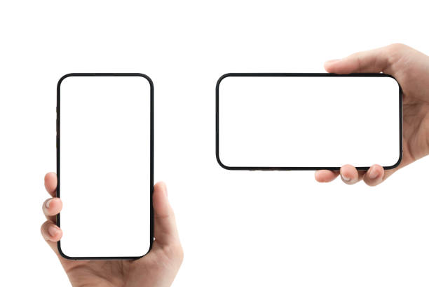 istock Hand showing smartphone with blank screen isolated on white background. 1463024389