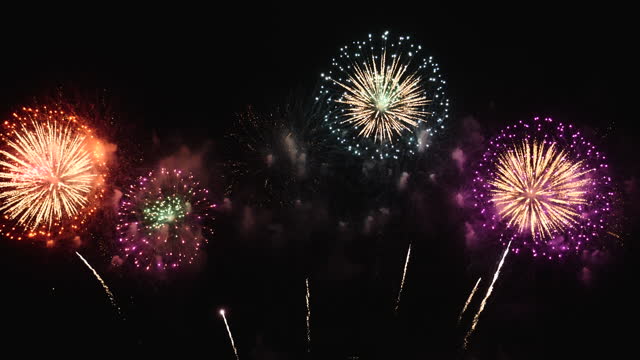 Colorful vibrant Firework celebrate anniversary happy new year 2023, 4th of july holiday festival. colorful firework in the night time to celebrate national holiday. countdown new year 2023 party time