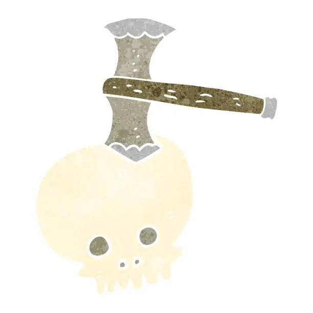 Vector illustration of freehand retro cartoon axe in skull